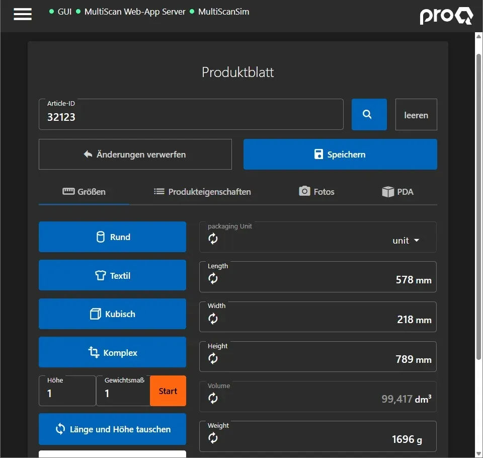 proQ MultiScan Web-App zur Erfassung von Dimensionen, Gewicht und Artikelattributen